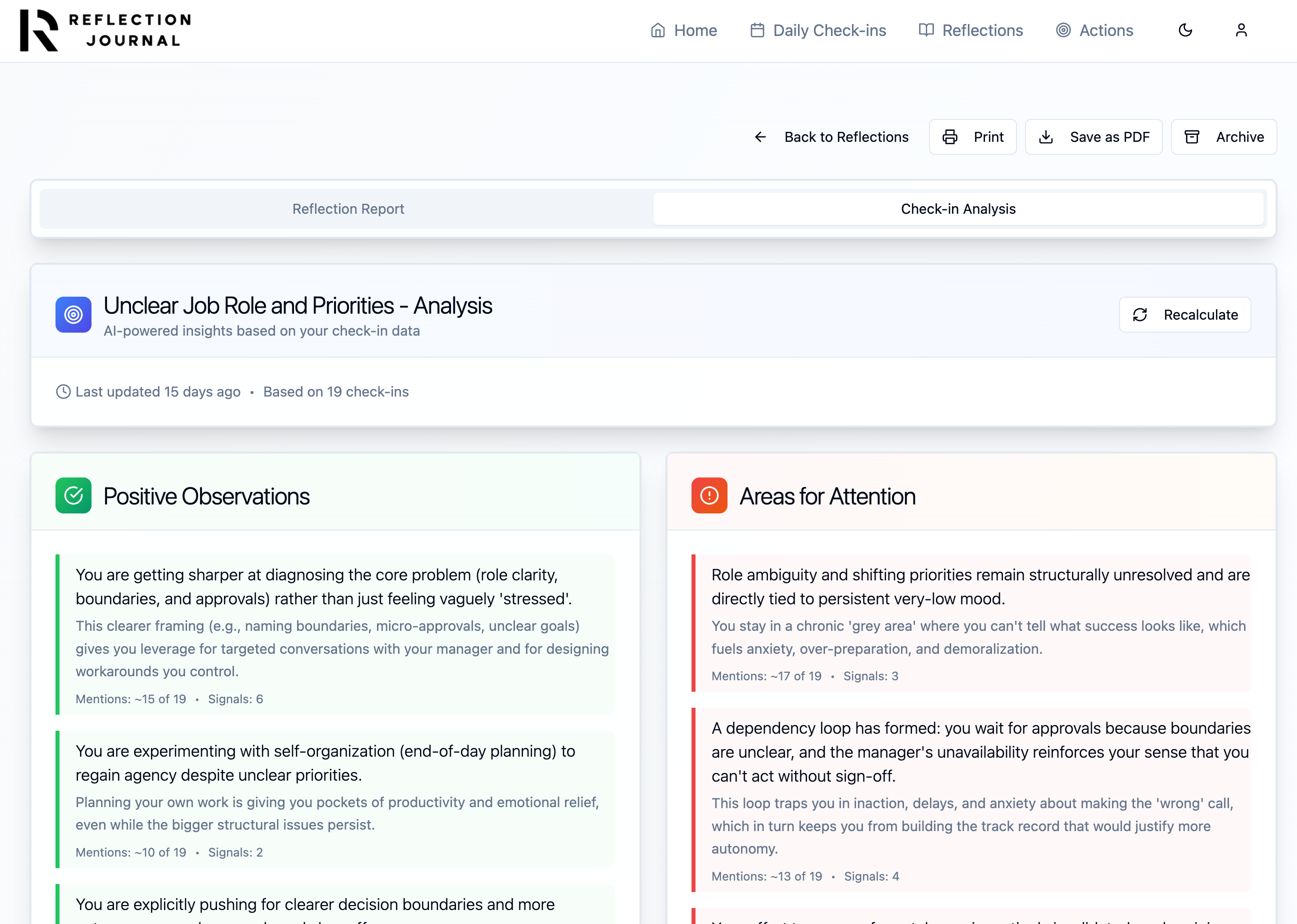 Reflection Journal interface showing AI-powered analysis of check-in data